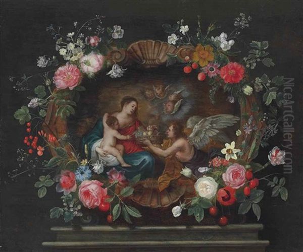 The Madonna And Child With Attendant Angels, In A Sculpted Cartouche Decorated With Roses, Columbines, Daffodils And Other Flowers On A Plinth - view 1