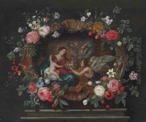 The Madonna And Child With Attendant Angels, In A Sculpted Cartouche Decorated With Roses, Columbines, Daffodils And Other Flowers On A Plinth