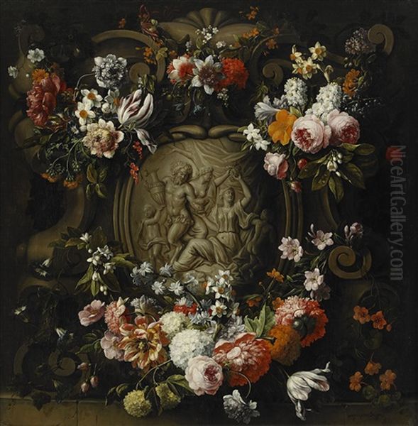 Cartouche With Garland Of Flowers - view 1