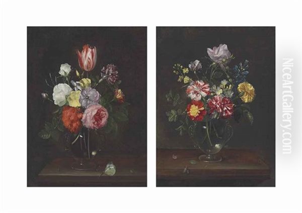 Roses, Carnations, A Tulip, And Other Flowers In A Glass Vase; Roses, Carnations, And Other Flowers In A Glass Vase (pair) - view 1