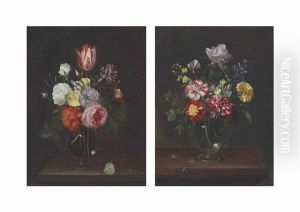 Roses, Carnations, A Tulip, And Other Flowers In A Glass Vase; Roses, Carnations, And Other Flowers In A Glass Vase (pair) by Frans Ykens