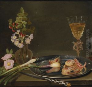 Still Life With Shrimp, Ramps, Flowers And A Glass Vase by Frans Ykens