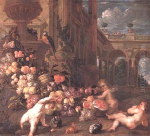 Putti Playing With A Swag Of Fruit In A Garden