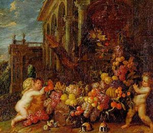 Drei Putten Mit Fruchtegirlanden, Papagei, Hasen Und Murmeltieren In Einer Parklandschaft by Jan Pieter Ykens