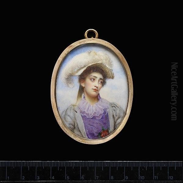 A Young Lady Called Lotte, Wearing Grey-blue Dress Over A Purple Blouse With Ruffled White Collar, A Red Rose Pinned To Her Waist, Her Dark Hair Upswept Beneath A White Hat Trimmed With Ostrich Feathers And Ribbons. - view 1