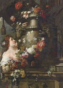 A Lady Adorning A Sculpted Urn With Roses (collab. W/gaspar Pieter Verburggen Ii) by Pieter Ykens