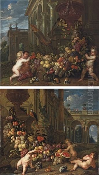 An Architectural Capriccio With Putti Around A Swag Of Fruit (+ Another; 2 Works) - view 1