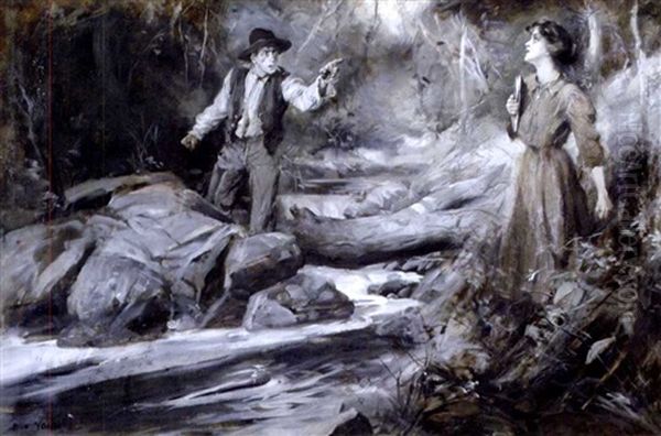 Man Scolding Woman Across Stream - view 1