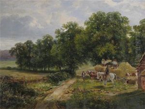 Pastoral Scene With Rustics Unloading Hay