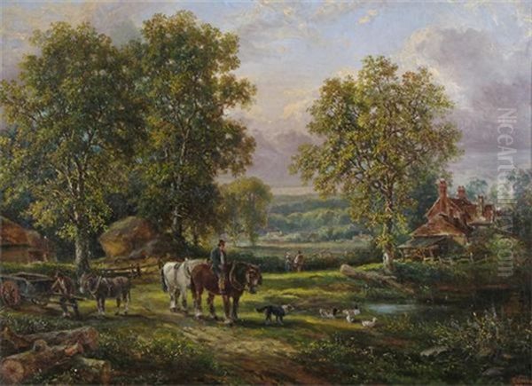 A Pastoral Scene With Cart Horses By A Pond - view 1