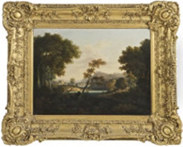 A Wooded River Landscape With Cattle And Drover Crossing, Fishermen In The Foreground, And With Castle Ruins In The Background - view 1