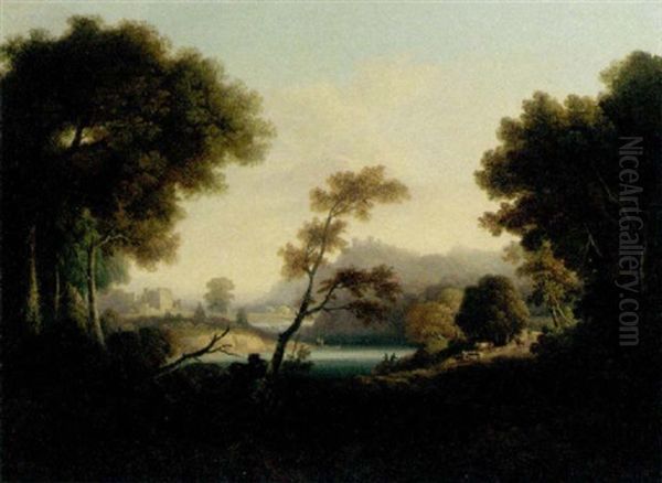 A Drover With Cattle In A Wooded River Landscape, A Ruined Castle Beyond - view 1