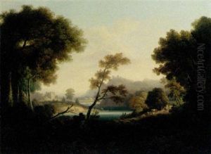 A Drover With Cattle In A Wooded River Landscape, A Ruined Castle Beyond