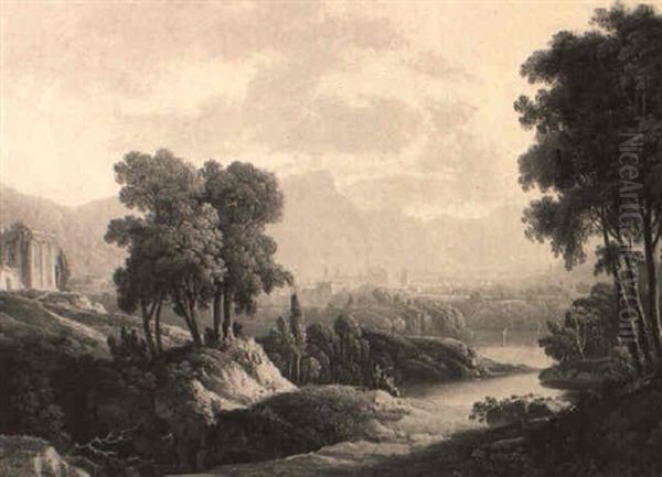 An Italianate Landscape With Figures Overlooking A Lake And Ruins - view 1