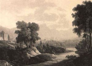 An Italianate Landscape With Figures Overlooking A Lake And Ruins by John Tobias Young