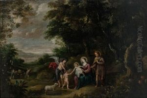 Resting Holy Family During The Flight To Egypt With Baby John The Baptist And Angel by Jan Thomas Van Yperen