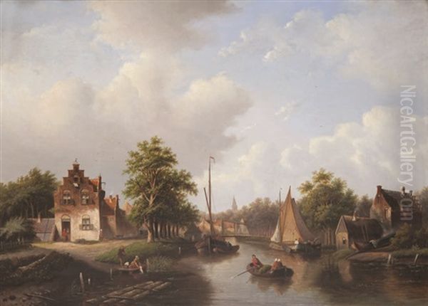 Paysage Aquatique En Hollande Avec Maisons Au Bord De L'eau Et Figures Dans Une Chaloupe - view 1