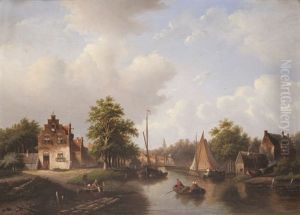 Paysage Aquatique En Hollande Avec Maisons Au Bord De L'eau Et Figures Dans Une Chaloupe by Hester Adriana Cornelia Zaalberg