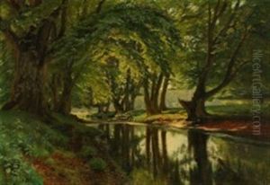 Forest View With A Stream, In The Distance Grazing Deer by Christian Peder Morch Zacho