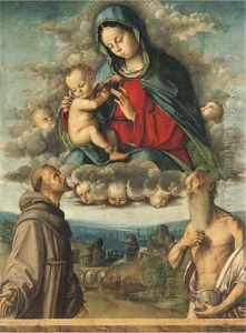 The Madonna And Child Appearing To Saints Francis Of Assisi And Jerome by Francesco Zaganelli