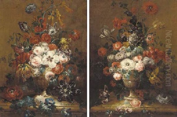 Roses, Peonies, Carnations And Other Flowers In A Gilt Urn On A Ledge - view 1