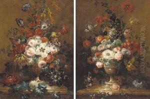 Roses, Peonies, Carnations And Other Flowers In A Gilt Urn On A Ledge
