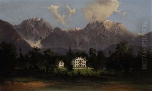 Gebirgslandschaft Mit Anwesen Am See by Friedrich Zahn