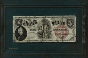 Five Dollar Bill On A Blue Molded Panel by Nicholas Alden Brooks