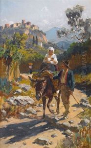 Romische Wegpartie Mit Bauernpaar Und Esel by Johann Zahnd