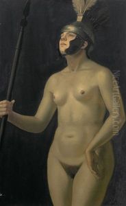 Dreiviertelportrait Einer Amazone In Reizvoller Korperlichkeit Mit Helm Und Lanze by Otto Zahradnik
