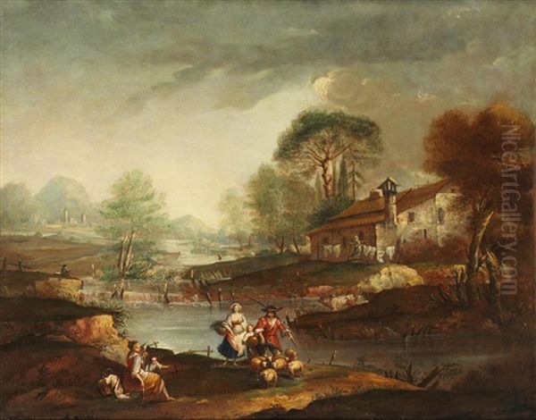 Herders With Their Flock Before A River - view 1