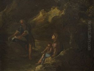 Die Heilige Familie Mit Esel In Berglandschaft by Giuseppe Zais