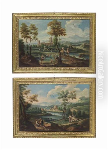 A Wooded River Landscape With Travellers On A Path, A Fortified Town Beyond; And A Wooded River Landscape With Fishermen And Sheep Watering By A Bridge, A Fortified Town Beyond (pair) - view 1