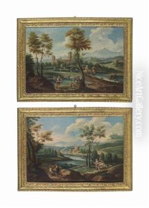 A Wooded River Landscape With Travellers On A Path, A Fortified Town Beyond; And A Wooded River Landscape With Fishermen And Sheep Watering By A Bridge, A Fortified Town Beyond (pair) by Giuseppe Zais