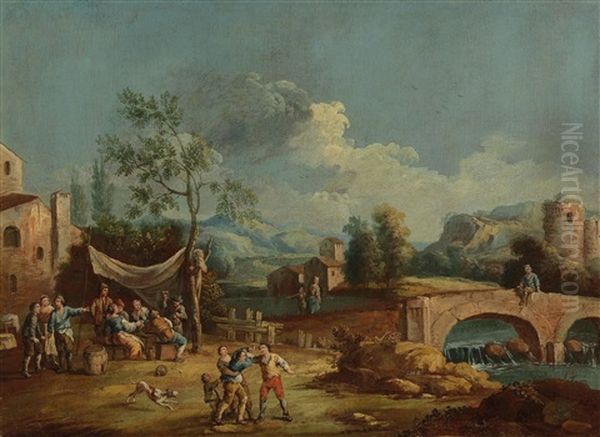 An Italianate River Landscape With Figures Merrymaking And Fighting - view 1