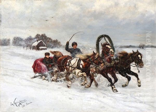 Troika Driving At Winter Time, Russia - view 1