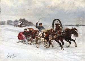 Troika Driving At Winter Time, Russia by Ekatarina Krasnunushkin Zakharovna