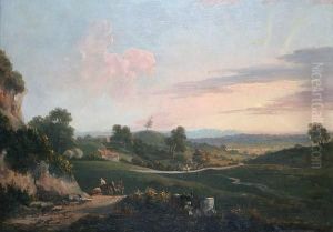 Extensive Country Landscape With Horse Drawncart And Figure On Horseback by William Brooks