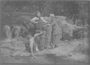 Three Women By A Stream Gathering Water