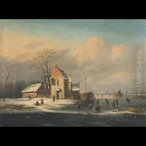 Skaters On A Frozen River by Van Zeebroeck
