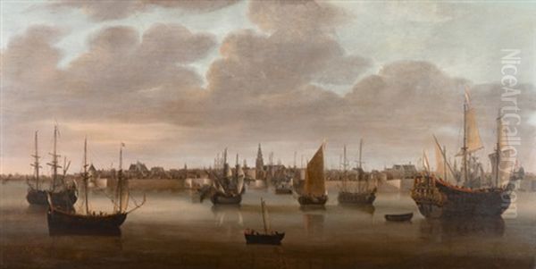 Segelschiffe Vor Der Hafeneinfahrt Der Stadt Vlissingen, Die Sich Im Hintergrund Erhebt - view 1