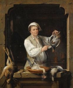 A Man At A Window Selling Game (+ An Old Woman At A Window Selling Fish; Pair) by Gerrit Zegelaar