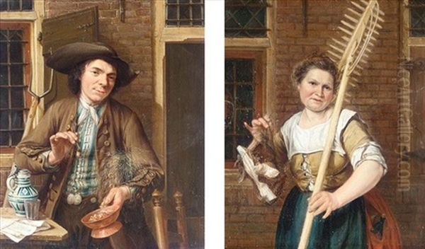 A Toper Standing Beside A Table (+ A Maid Holding A Rake And A Basket Of Fish; Pair) - view 1