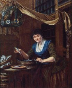 A Woman Cleaning Fish At The Entrance Of A Townhouse