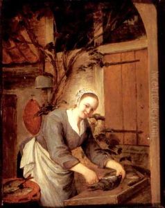 A Kitchen Maid Preparing Fish Outside A House