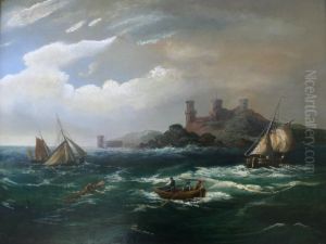 Fishing Boats And Salvagers Off A Headland, A Castle Beyond