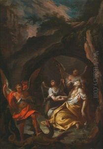 Die Heilige Margarethe Mit Engeln In Einer Felsenhohle by Johann Jacob Zeiller