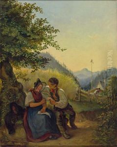 Liebespaar In Tracht Unter Einem Baum In Sommerlicher Voralpenlandschaft