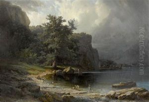Landschaft Am Vierwaldstattersee Mit Blick Auf Den Schnitzturm Bei Stansstad by Jakob Joseph Zelger