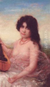 A Young Beauty With A Mandolin by Josef Zenisek
